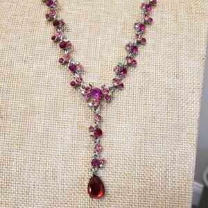 Pink red rhinestone silver tone Y drop fashion necklace